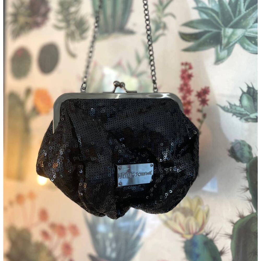 Rare Betsey Johnson y2k Black Sequined Chain-Strap Mini Purse with Cute Bow